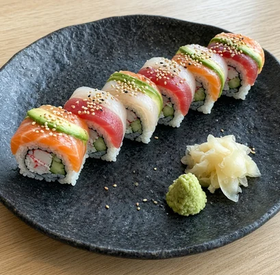 Rainbow Roll topped with salmon, tuna, white fish and avocado