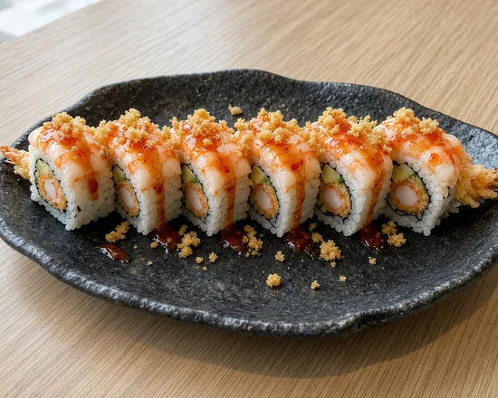 Double Prawn roll topped with cooked shrimp, sweet chili sauce and crispy tempura crumbs