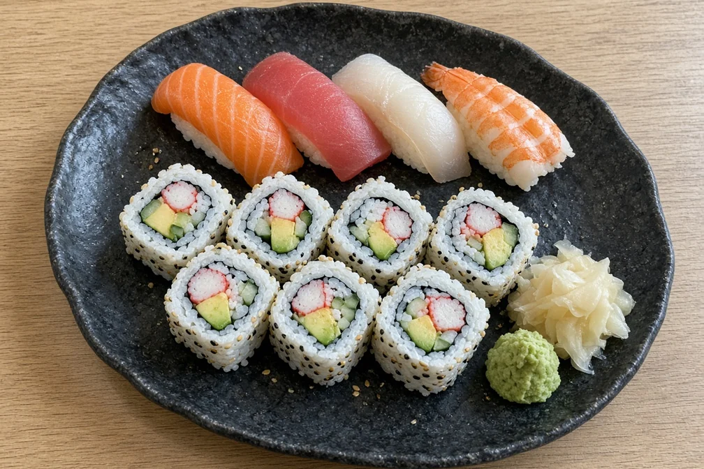 Rocky Maki Express: four nigiri and a California roll with pickled ginger and wasabi